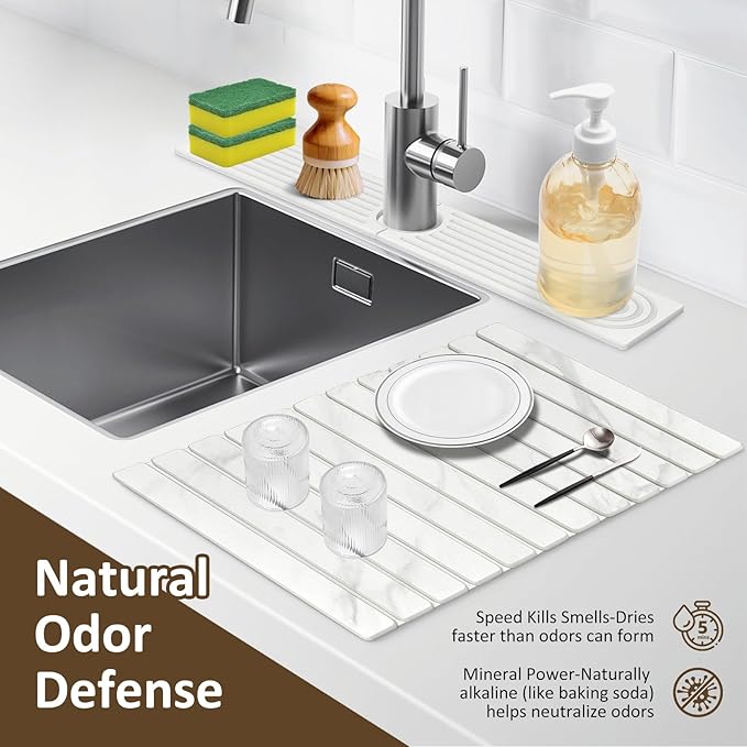 3 PCS Large Stone Dish Drying Mat for Kitchen Counter, 24"×16" Marble Absorbent Dish Drying Mat with 24"x 4" Faucet Mat for Kitchen Sink, Earth Mats for Dishes Bottles Cups, Match Any Countertop