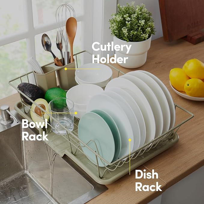 Space-Saving 3-Piece Dish Drainer Rack Set: Efficient Kitchen Organizer for Quick Drying and Storage - Includes Cutlery Holder and Drainboard - Maximize Countertop Space, Sage Green