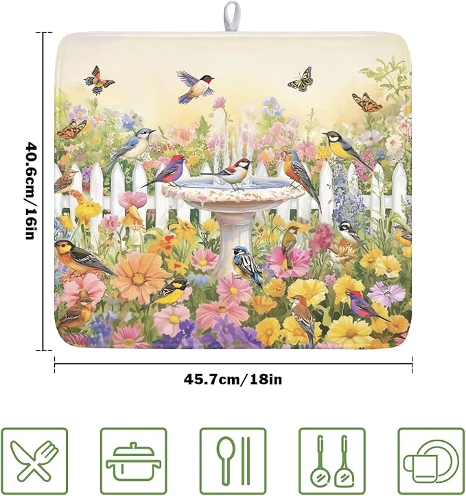 Spring Summer Floral Birds Dish Drying Mat for Kitchen Counter Colorful Garden Pattern Drying Mat 16x18 Inch Rustic Farmhouse Absorbent Dish Drainer Mat Kitchen Accessories