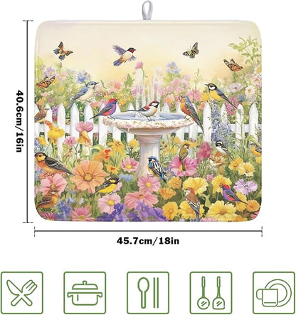 Spring Summer Floral Birds Dish Drying Mat for Kitchen Counter Colorful Garden Pattern Drying Mat 16x18 Inch Rustic Farmhouse Absorbent Dish Drainer Mat Kitchen Accessories