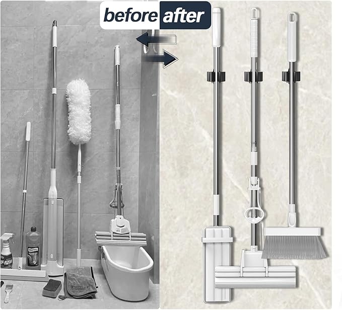 3-H Stainless Steel Broom Holder Wall Mount 15-Pack- Heavy Duty Mop Organizer, Wall Mounted Broom Storage with Secure Mounting for Laundry Garage Bathroom