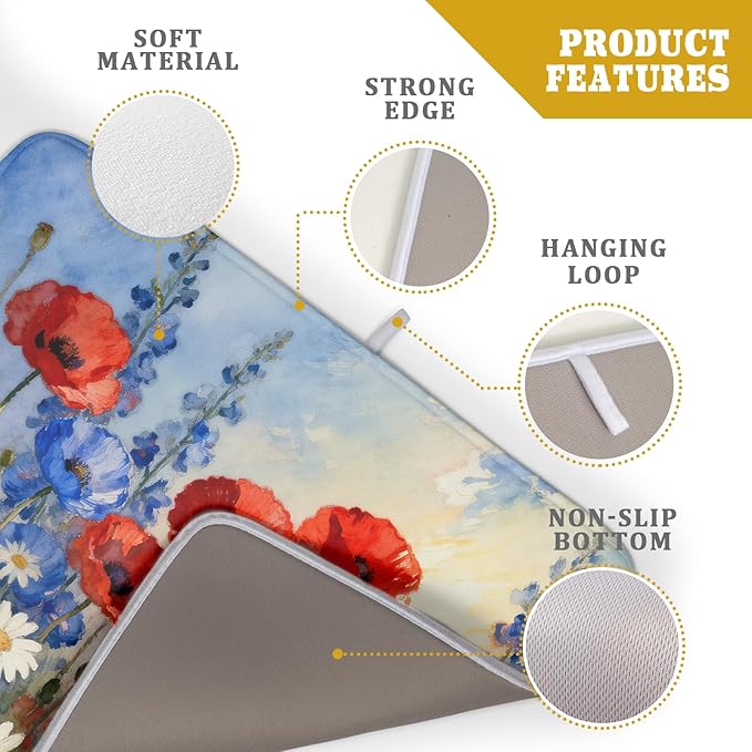 4th of July Dish Drying Mat for Kitchen Counter 18x24 Patriotic Floral Independence Day Memorial Holiday Absorbent Reversible Microfiber Drying Mats Kitchen Countertop Protector Dishes Drainer Pad