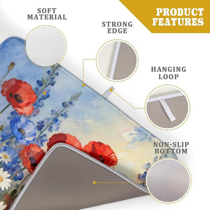 4th of July Dish Drying Mat for Kitchen Counter 18x24 Patriotic Floral Independence Day Memorial Holiday Absorbent Reversible Microfiber Drying Mats Kitchen Countertop Protector Dishes Drainer Pad