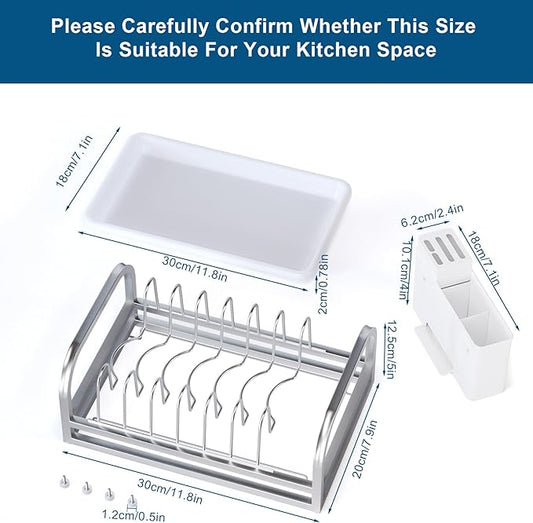 Extra Small Dish Drying Rack, 304 Stainless Steel Plate Rack for Cabinet, Dish Rack for Kitchen Counter w Cutlery Holder, Dish Drainer w Drainboard Save Space, Pot Lid Organizer for Cabinet