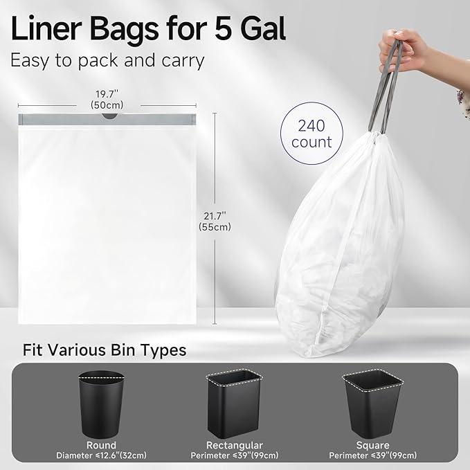TIPGO 5 Gallon Trash Bags Drawstring, Pre-Cut Strong Wastebasket Bin Liners, White Garbage Bags for Home, Office, Bathroom (Code E, 240 Count)
