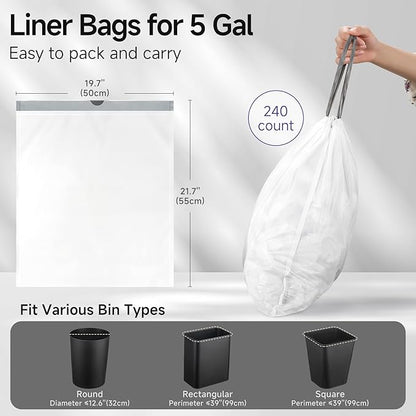 TIPGO 5 Gallon Trash Bags Drawstring, Pre-Cut Strong Wastebasket Bin Liners, White Garbage Bags for Home, Office, Bathroom (Code E, 240 Count)