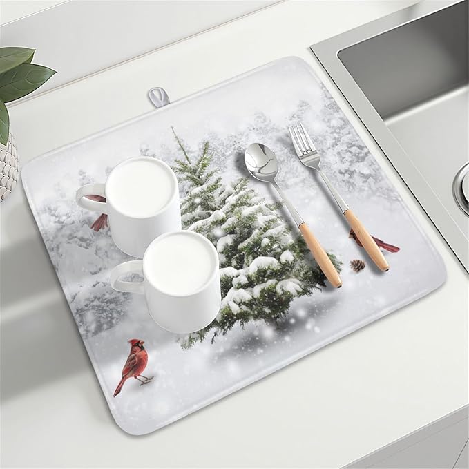 Winter Forest Dish Drying Mat for Kitchen Counter Silvery White Pine Trees Snow Snowflake Drying Mat 16x18 Inch Holiday Absorbent Dish Drainer Mat Kitchen Accessories