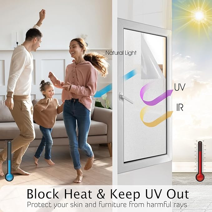 HIDBEA Frosted Window Privacy Film Heat Control UV Blocking, Static Cling Non-Adhesive Reusable Door coverings for Bathroom Home Office (Frosted 17.7 Inch x 8.2 Feet)