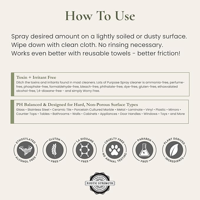 Rustic Strength Lots of Purpose Spray Cleaner, Bergamot & Cypress, Multi-Surface, pH Balanced, Non-Toxic, Biodegradable, 16 oz
