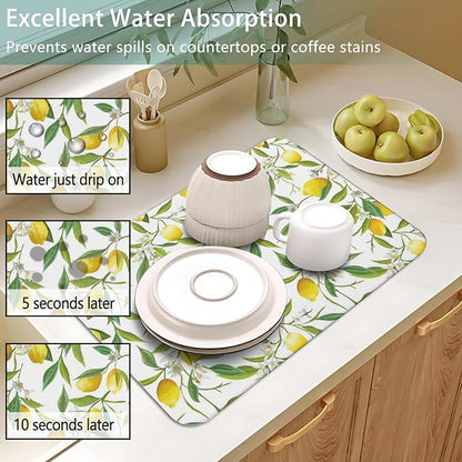 Dish Drying Mat for Kitchen Counter 2 Pack with Non-Slip Rubber Backing - Heat-Resistant Absorbent Coffee Bar Mat, Dish Rack Mat, Lemon Dish Drying Mats 18x24+19.5x12 inch