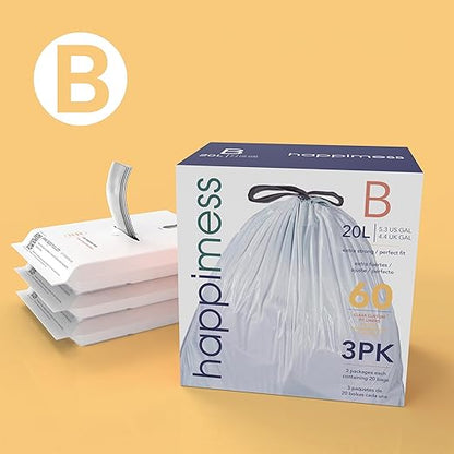 happimess 5.3 Gallon (20L) Drawstring Trash Bags, Unscented, Clear, Heavy Duty LDPE Liners for Kitchen and Household, Custom Fit, 80 Count (4 Packs of 20 Liners) HPM3000B-C-4SET