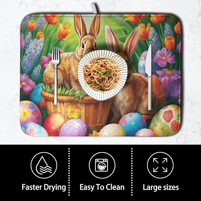 Easter Bunny Eggs Dish Drying Mat for Kitchen Counter, Tulip Floral Flower Drying Mat Spring Summer Holiday Dish Mat Drying Kitchen Mat Absorbent Kitchen Drying Mat for Sink 18x24Inch