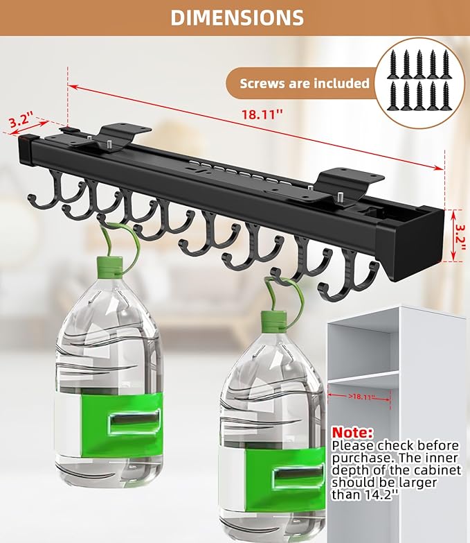Pull Out Broom Holder With Adjustable Double Row Sliding Hook, Multifunctional Slide Broom And Mop Storage/Organizer Garage Organization Hooks, for Closet Laundry Garage Cupboard - 46cm/18.11inch