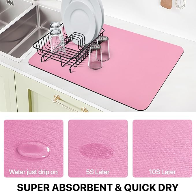 Coffee Mat Absorbent Dish Drying Mat for Kitchen Counter ,Match with Coffee Machine Drying Mats for Kitchen Counter, Hide Stain Nop-Slip Rubber Backed,16"x24",Pink