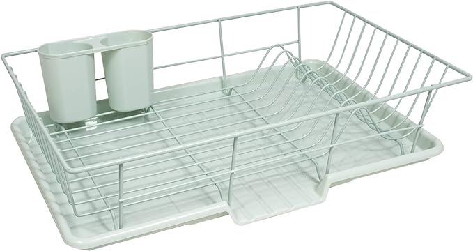 Sweet Home Collection 3 Piece Metal, Plasic Dish Drainer Rack Set with Drying Board and Utensil Holder, 12" x 19" x 5", Mint
