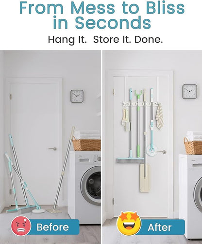 HULISEN Broom Holder Door Mount, Over the Door Broom and Mop Holder with 0.6" Thick Pads, Wood Mop Organizer Tool Hanger with 4 Racks & 2 Hooks for Laundry Cabinet Kitchen Garage, No Drills