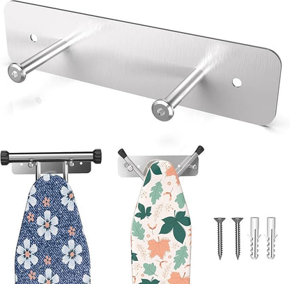 Ironing Board Holder, Ironing Board Hanger Wall Mount for Y or T Shaped, Laundry Rooms Stainless Steel Iron Board Hook with Adjustable Hooks