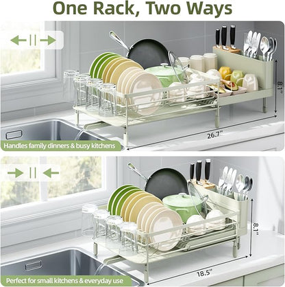 Urackify Large Dish Drying Rack, Expandable Dish Racks for Kitchen Counter, Multifunctional Dish Drainer with Utensil Holder & Cup Holder, 18.5"-26.7" L x 12.7" W, Soft Celery Green