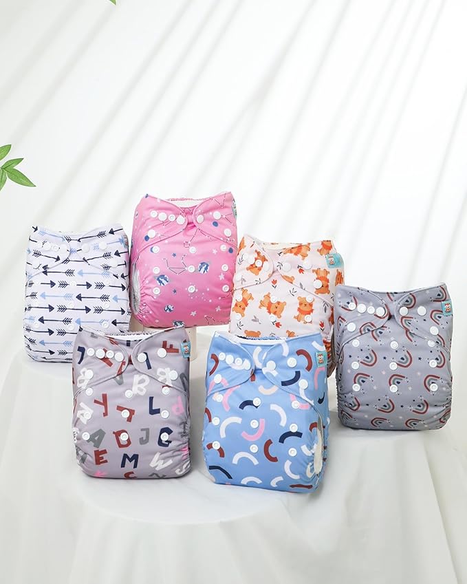 ALVABABY Baby Cloth Diapers 6 Pack with 12 Inserts Cloth Diaper Covers Adjustable Washable Reusable for Baby Girls and Boys