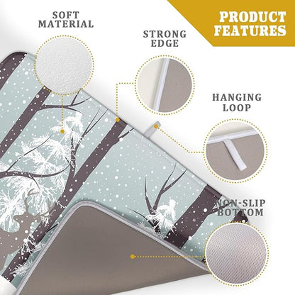 Winter Wildlife Deer Dish Drying Mat for Kitchen Counter,Xmas Landscape Snow Tree Ivory Drying Mat 18 x 24 Inch with High Absorbent Microfiber Drainer Mat for Coffee Bar