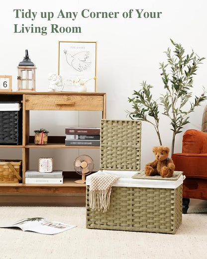 Storage Basket with Lid Rattan Woven Storage Baskets with 2 Separate Lids, 17.2 Gallon (65 L), Wicker Storage Bins Foldable, 2 Removable Liner Bags Handles for Bedroom, Laundry Room Green