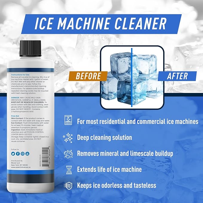Essential Values 2-Pack Ice Machine Cleaner and Descaler 16 fl oz, Nickel Safe Descaler - Ice Maker Cleaner Compatible with All Major Brands (Scotsman, KitchenAid) - Manufactured in USA