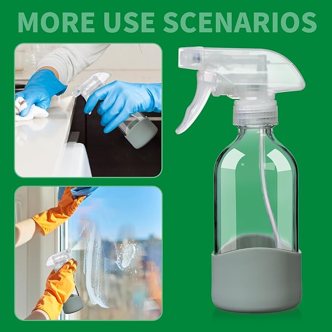 8oz Clear Glass Spray Bottles with Silicone Sleeve–Refillable Spray Bottles for Cleaning Solutions,Hair,Plants&Essential Oils–Leakproof,Adjustable Nozzle,Reusable,Eco-Friendly (1 Pack)