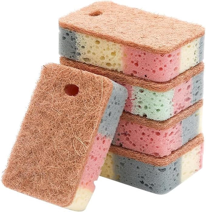 Double Sided Multi-Purpose Kitchen Cleaning Sponge, Great for Dishwashing and Stain Removal, Absorbent, Durable Coconut Fiber Side and Soft Sponge Side 5 Pcs Brown