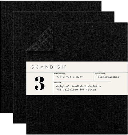Black Swedish Dishcloths for Kitchen - Set of 3 Swedish Dish Cloths | Swedish Dish Towels Made in Sweden | Reusable, Compostable Black Dishcloths for Kitchen