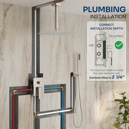 Ceiling Mount Shower System, Shower Faucet Set with 12-Inch Rain Showerhead and Handheld Spray Combo, High-Pressure Showerheads Set with Valve and Trim Kit, Brushed Nickel