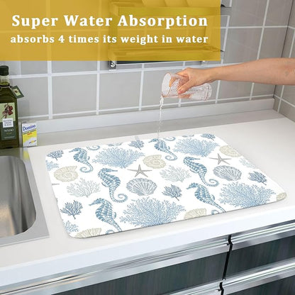 Blue Coral Dish Drying Pad 18 x 24 Inch With Absorbent Reversible Microfiber Coastal Starfish Seashell Summer Drying Mats Dish Drainer Mat Fast Dry For Kitchen Dining Room Decoration