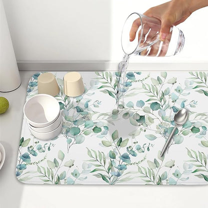 Watercolor Sage Leaves Dish Drying Mats for Kitchen Counter 16x18 Inch,Spring Leaves Kitchen Drying Mat,Sage Herbs Dishes Pad Dish Drainer Rack Mats Absorbent Fast Dry Kitchen Accessories