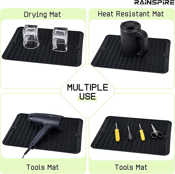 Rainspire Dish Drying Mats For Kitchen Counter, Silicone Dish Mat Drying Kitchen Mat, Food Grade Silicone Sink Drying Mat, Quick Dry Slip Resistant Kitchen Mats, 16x12inch, Black