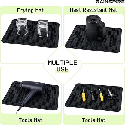 Rainspire Dish Drying Mats For Kitchen Counter, Silicone Dish Mat Drying Kitchen Mat, Food Grade Silicone Sink Drying Mat, Quick Dry Slip Resistant Kitchen Mats, 16x12inch, Black