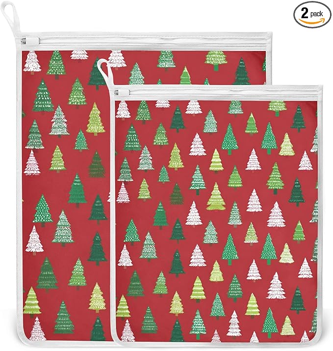 Mesh Laundry Bags Lingerie Bags for Washing Delicates 2 PCS Durable Wash Bag with Zipper Small and Medium Washable Christmas Trees White Green