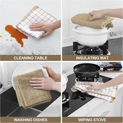 Homaxy Premium Cotton Kitchen Towels 16"x 28", Large Natural Ring Spun 390 GSM Dish Towels, Super Absorbent Terry Kitchen Hand Towels, Soft Tea Towels with Hanging Loop, Tan Check Design, 6 Pack