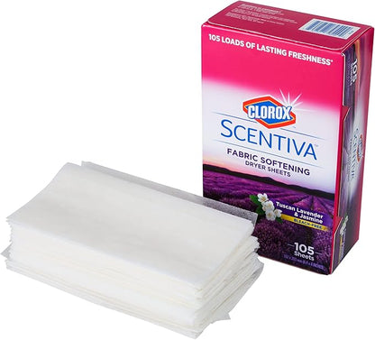 Clorox Scentiva Fabric Softening Dryer Sheets | Fabric Sheets in Tuscan Lavender & Jasmine Scent | Laundry Dryer Sheets for Fresh & Clean Clothes| 105 Count (Pack of 2)