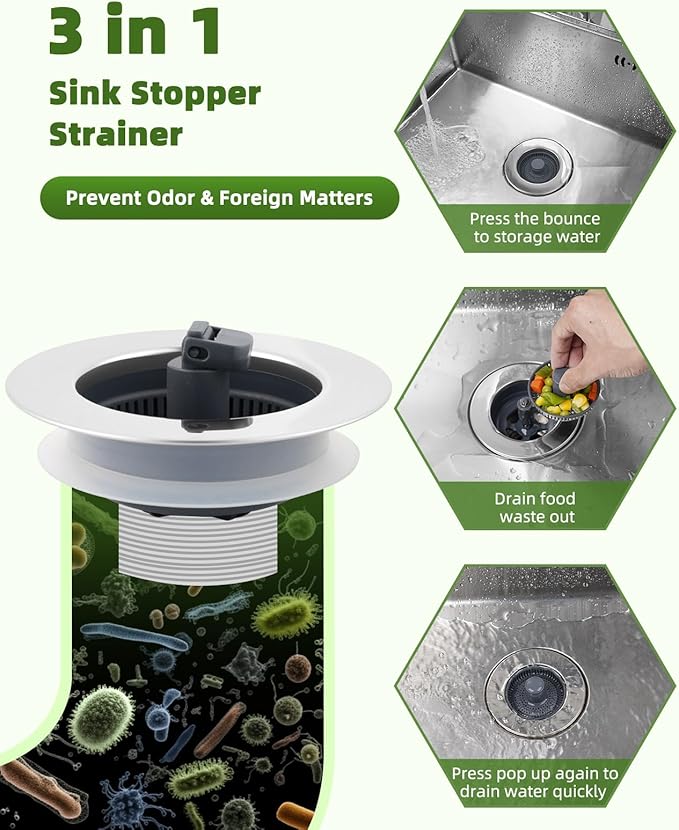 Universal 3-in-1 Kitchen Sink Strainer Stopper Pop Up Sink Drainer with Upgrade Folded Handle, for US Standard 3-1/2 inch Drain Filter, Chrome Stainless-Wraped Shell, Anti-Clog