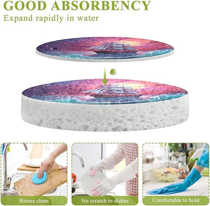 Sea Waves Ship Kitchen Scrub Sponges, Pop-up Kitchen Cleaning Sponges Reusable Dish Washing Sponges for Bathroom Household Cleaning 3 Pack - Non Scratch Scrubber