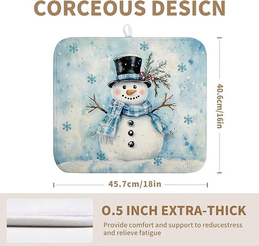 Blue Snowman Snowflake Christmas Dish Drying Rack - 16x18 Inch Absorbent Microfiber Mat for Home Coffee Bar