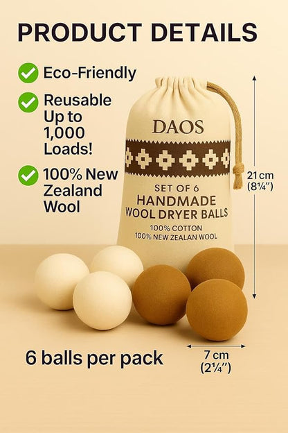 Wool Dryer Balls – Pack of 6 (3 White + 3 Brown) with Storage Bag – 100% New Zealand Wool – Reusable, Eco-Friendly Natural Laundry Dryer Balls for Faster Drying