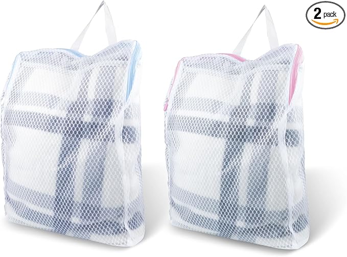 2 PCS Honeycomb Mesh Laundry Bag with Handle, 15.7 x 11.8 Inch Zippered Mesh Laundry Bag, Extra Large Opening, Side Widening, for Washing Socks, Baby Items, Lingerie, Travel Garments (Pink and Blue)