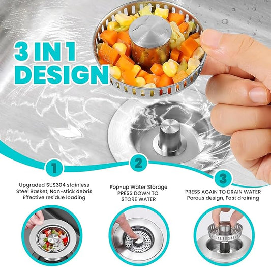 Kitchen Sink Drain Strainer, 304 Brushed Stainless Steel Pop Up Sink Stopper for US Standard 3-1/2 Inch, Upgraded 3 in 1 Sink Drain Strainer with Anti-Clogging Basket, Stainless Steel Filter