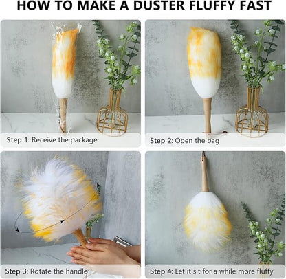 Lambs Wool Duster for Cleaning Window Blinds Computer Furniture TV Computer Screens Bookshelves Solid Wooden Handle Natural Feather Duster,26'', Brown