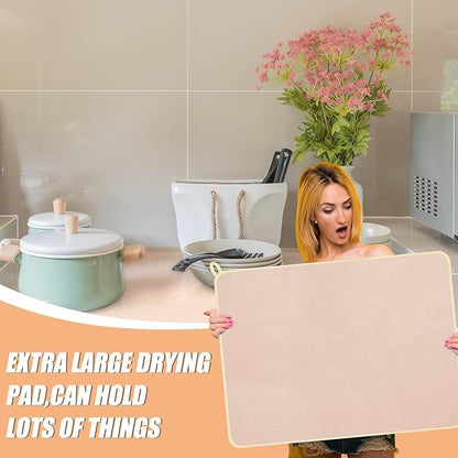Hushee 2 Pack Extra Large Dish Drying Mat Microfiber Absorbent Dish Drying Pad Large Size Dishes Drainer Mats for Countertop, Sink, Refrigerator or Dryer (30 x 24 Inch,Beige)