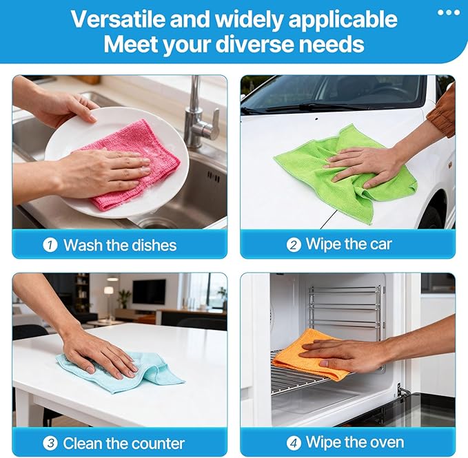 QYL Microfiber Cleaning Cloth,12 Pack Cleaning Rags, Cleaning Towels with 4 Color Assorted, 11.8"X11.8"(Green/Blue/Yellow/Pink)