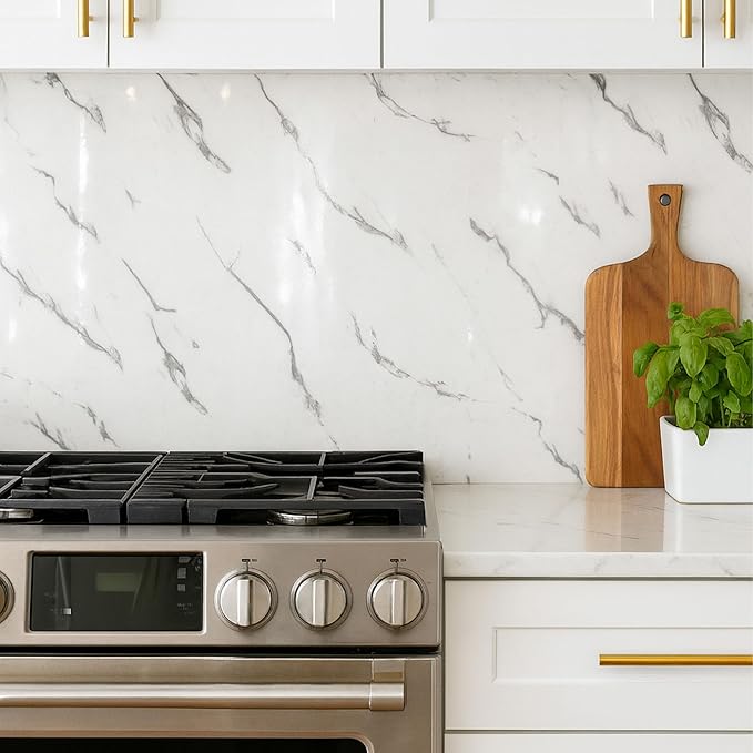 Carrara White Marble Peel and Stick Wallpaper, Glossy Texture Vinyl Wall Panels, Waterproof Renter Friendly, 23.6" x 118", TV Accent Wall, Bathroom, Foyer, Coffee Shop Decor