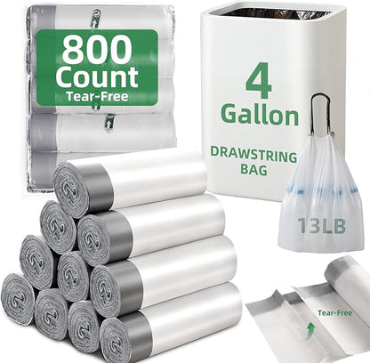 800 Counts 4 Gallon Trash Bag Drawstring Small Trash Bags, Thick Pre-separated Garbage Bags, Trash Bin Liners, Suitable for bathroom, kitchen, bedroom, office (White)