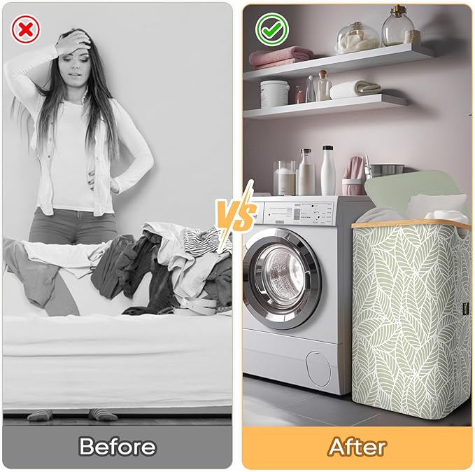 BALEINE Laundry Hamper with Lid, Tall Laundry Baskets with Bamboo Pull Handles, Large Laundry Bin with Internal Support (26 Gal/100L, Antique Foliage)