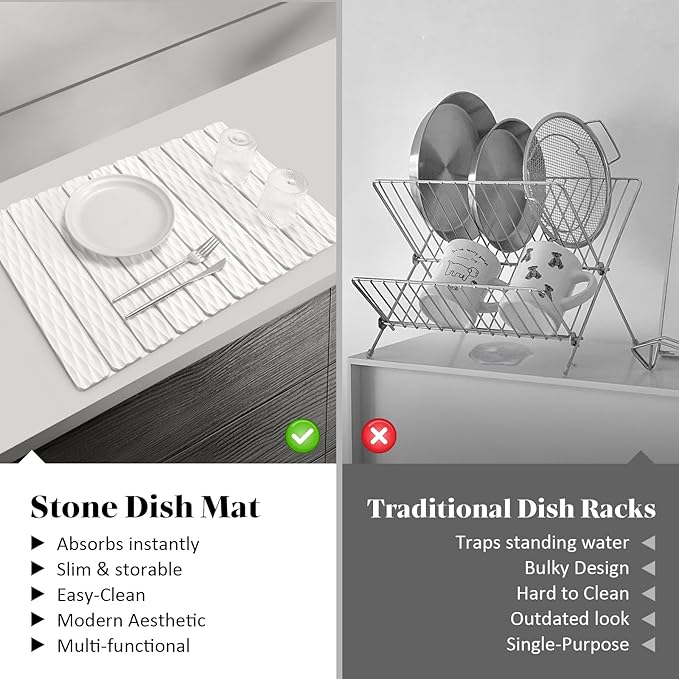 Large Stone Dish Drying Mats for Kitchen Counter, 24"(L)×16"(W) Wave - Pattern, Fast Drying Collapsible Dish Drying Mat, Eco-Friendly Absorbent Diatomaceous Earth Mats for Match Any Countertop